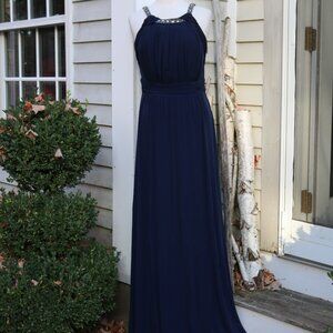 Sangria Navy Blue Knit Grecian Gathered Knit Rhinestone Trim Formal Maxi Dress